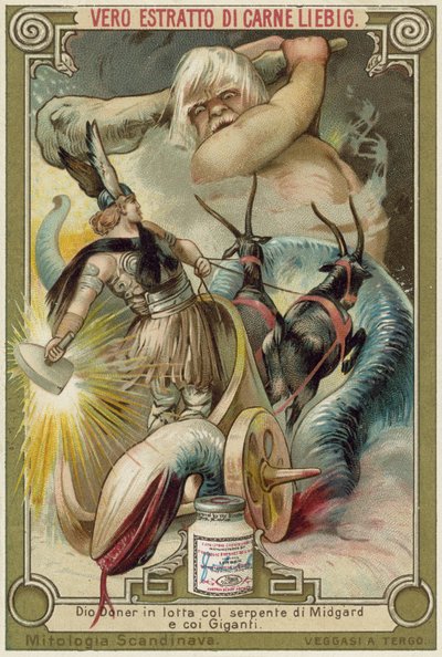 El dios Thor luchando contra la serpiente de Midgard y los gigantes de European School